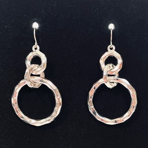 Silver Tone Hammered Dangle Hoop Earrings Pierced - Picture 2 of 4